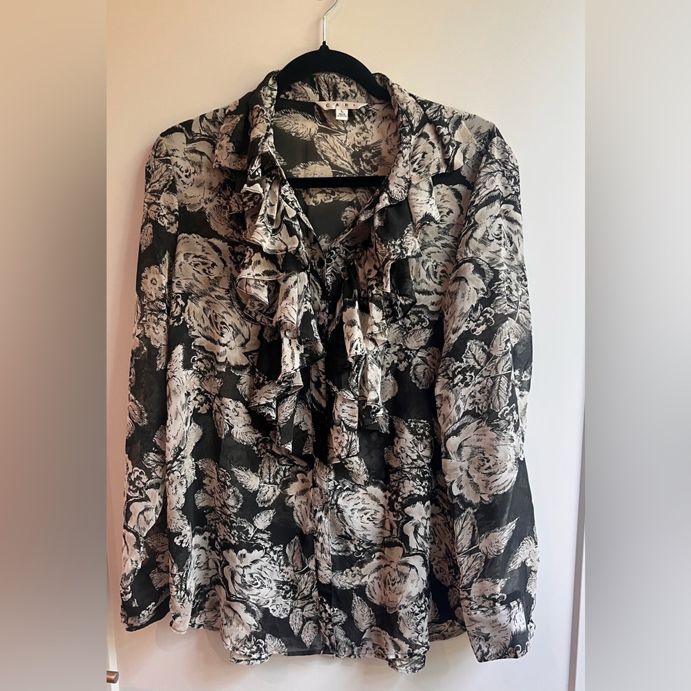 Cabi Floral Ruffle Sheer Blouse - Black and White